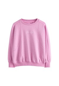 Rosa Sweatshirt mit rundem Ausschnitt, langen Ärmeln und gerippten Bündchen. Auf der Vorderseite befindet sich der gestickte Text "Sports Club".