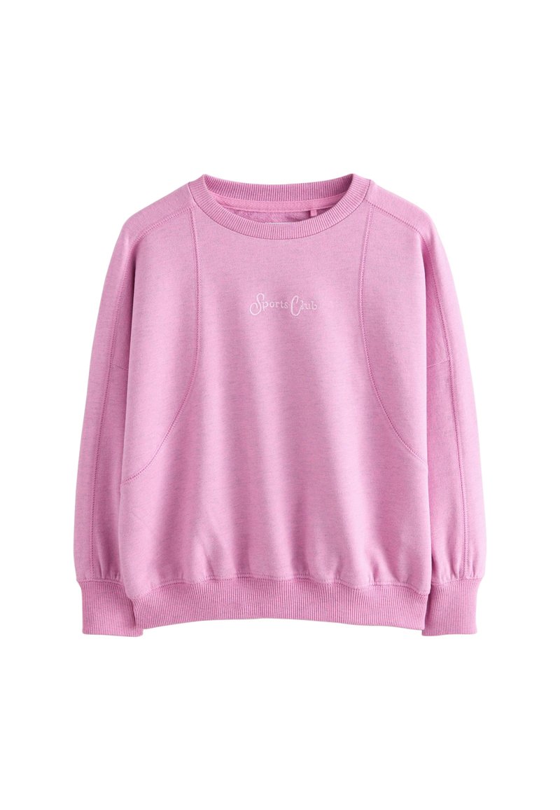 Rosa Sweatshirt mit rundem Ausschnitt, langen Ärmeln und gerippten Bündchen. Auf der Vorderseite befindet sich der gestickte Text "Sports Club".