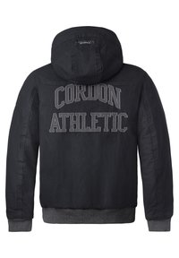 Schwarze Jacke mit Kapuze, mit "CORDON ATHLETIC" in großen gestickten Buchstaben auf dem Rücken. Graue gerippte Bündchen und Saum. Strukturiertes Material.