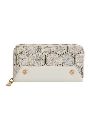 Portafoglio beige con zip su tutto il giro, motivi geometrici esagonali, scritta "Gattinoni Since 1946", cursore della zip color oro e due bottoni in tono oro.