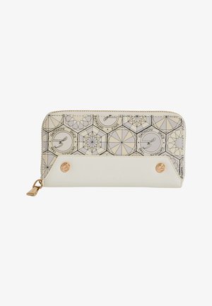 Portafoglio beige con zip su tutto il giro, motivi geometrici esagonali, scritta "Gattinoni Since 1946", cursore della zip color oro e due bottoni in tono oro.
