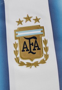 Gylden brodert AFA-emblem med tre stjerner og laurbær på hvit og lyseblå stripete stoff.