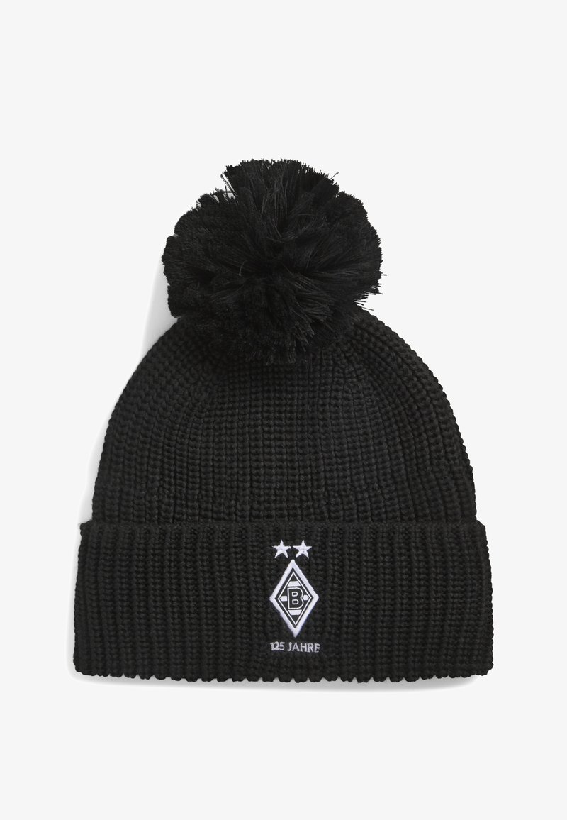 Gorro de punto negro con un gran pompón en la parte superior, con un logo blanco en forma de diamante que incluye la letra "B" y el texto "125 Jahre" debajo.