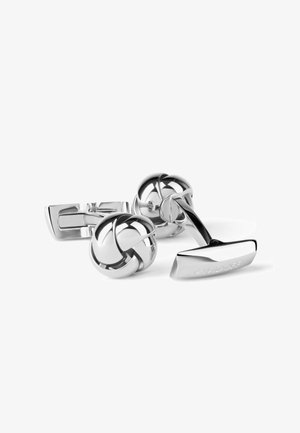 Silver-toned cufflinks featuring a spherical knot design and a rectangular backing, polished finish, with brand name engraved on the side.