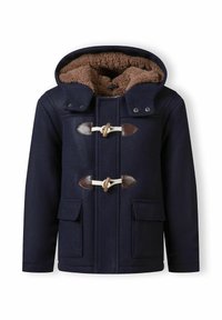 Tamno plavi kaput s kapuljačom, smešnim krznom, zatvaranjem na preklop s kožnim detaljima i dva prednja džepa. Tkanina od pamuka i vune.