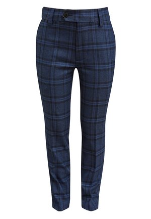 Pantalon slim bleu marine avec motif à carreaux noir et bleu, fermeture par bouton et poches avant.
