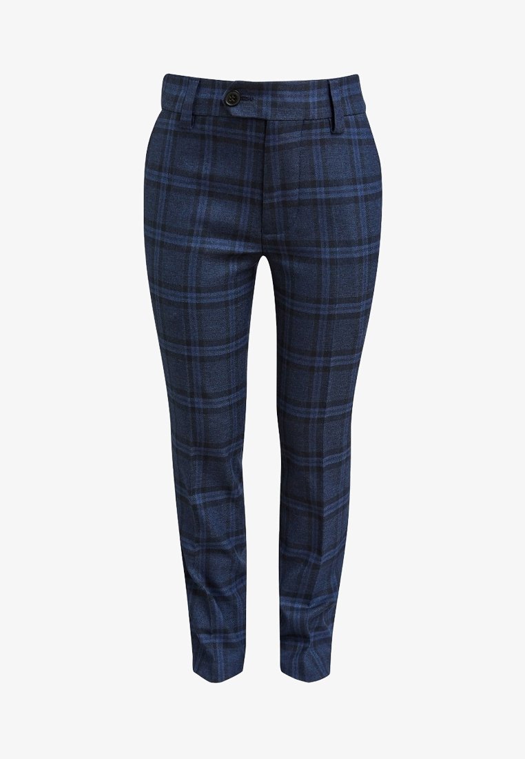Pantalon slim bleu marine avec motif à carreaux noir et bleu, fermeture par bouton et poches avant.
