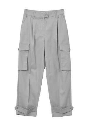 Pantalons cargo gris avec une coupe décontractée, dotés de deux poches latérales, de deux poches sur les cuisses et de poignets ajustables avec des boutons. Fabriqués en tissu léger.