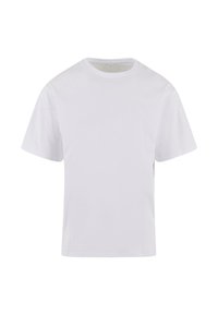 Hvit bomulls T-skjorte med klassisk rund hals, korte ermer og rett kant. Minimalistisk design uten mønstre eller synlig utstyr.