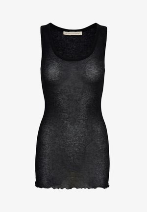 Crna, bezrukavna majica od laganog, rebrastog materijala. Ima izrez u obliku uvale i valovitu donju ivicu.