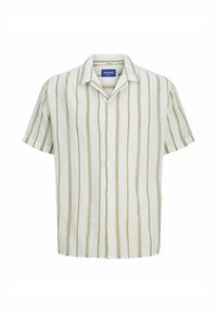 Kortärmad skjorta med knappar i ljusbeige med gröna vertikala ränder. Tillverkad av lätt tyg, med klassisk krage och normal passform.