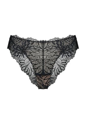 Czarny koronkowy damski zestaw bielizny w stylu bikini z kwiatowymi i geometrycznymi wzorami, falistymi krawędziami oraz półprzezroczystą siateczkową tkaniną.