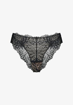 Czarny koronkowy damski zestaw bielizny w stylu bikini z kwiatowymi i geometrycznymi wzorami, falistymi krawędziami oraz półprzezroczystą siateczkową tkaniną.