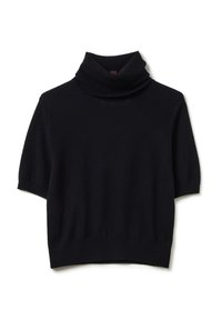 Maglione a maniche corte nero con collo alto realizzato in tessuto morbido, che presenta un collo alto e una silhouette aderente con orlo a coste.