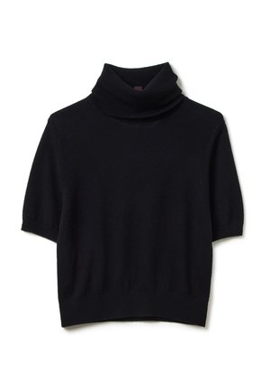 Zwarte turtleneck trui met korte mouwen, gemaakt van zachte stof, met een hoge hals en een getailleerd silhouet met een geribbelde zoom.