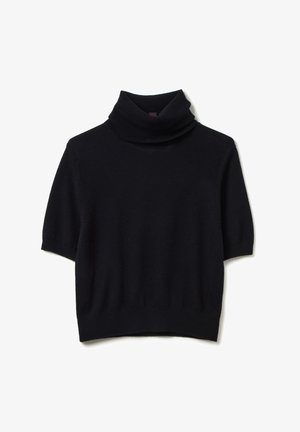 Zwarte turtleneck trui met korte mouwen, gemaakt van zachte stof, met een hoge hals en een getailleerd silhouet met een geribbelde zoom.