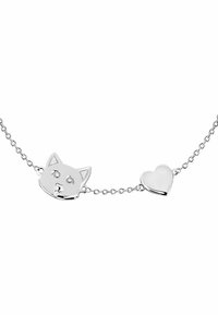 Bracciale in argento con un charm a forma di faccia di gatto e un charm a forma di cuore, entrambi con superfici lucide e dettagli sottili.