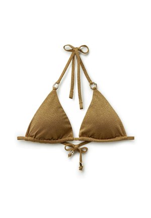 Haut de bikini triangle marron texturé avec col halter et fermetures à nouer dans le dos, orné de petits accents métalliques.