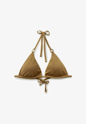 Parte superior de bikini en forma de triángulo con textura marrón, con cuello halter y cierres de lazo en la espalda, decorada con pequeños acentos metálicos.