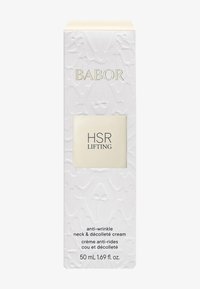 Witte verpakking met reliëfdesign; gouden accenten tonen de productnaam "HSR Lifting." Bevat 50 mL rimpelverminderende crème voor nek en decolleté.