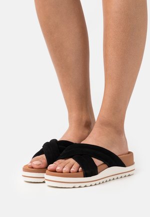 Sandales en suede noires avec un design à lanières croisées, semelle intérieure beige et semelle en caoutchouc blanche avec un motif texturé pour une meilleure adhérence.