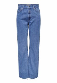 Jasnoniebieskie dżinsy o prostym kroju, wysokim stanie i frędzlowym dołem. Posiadają klasyczny fason z pięcioma kieszeniami oraz metalowy zamek błyskawiczny.