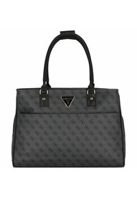 Borsa Guess nera con motivo a monogramma, due tracolle e una placca triangolare in metallo con logo sul davanti.