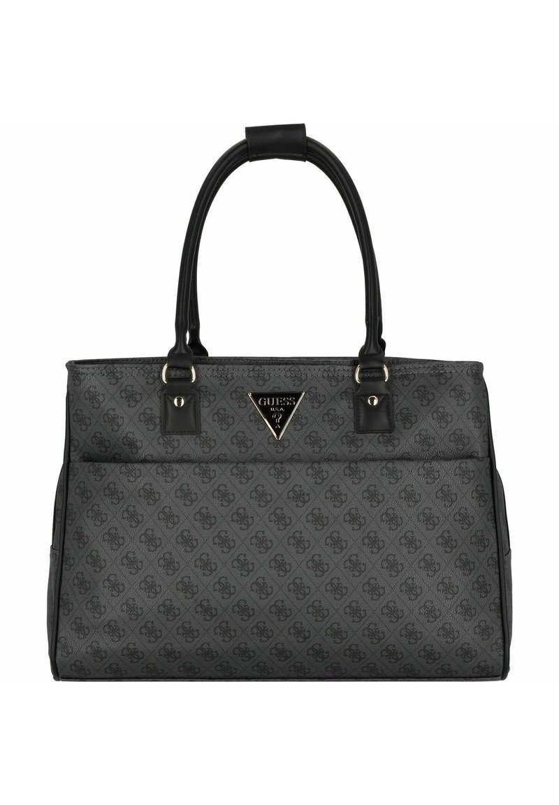 Borsa Guess nera con motivo a monogramma, due tracolle e una placca triangolare in metallo con logo sul davanti.