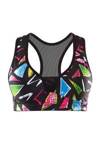 Schwarzer Sport-BH mit bunten geometrischen Mustern in Pink, Grün, Blau und Weiß. Verfügt über ein Racerback-Design und ein Netzrückenpaneel.