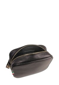 Zwarte leren pouch met een gestructureerd oppervlak, voorzien van een gouden rits en een accent in de kleuren van de Italiaanse vlag. Compacte, rechthoekige vorm.