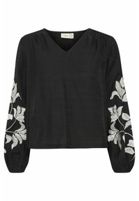 Blusa nera con scollatura a V strutturata, maniche lunghe a palloncino e intricate ricami bianchi a forma di foglie sulle maniche. Tessuto morbido con leggero lucido.