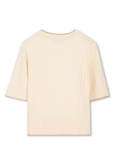 Κοντομάνικη κρεμ πλεκτή μπλούζα με ριμπ ύφανση και ανοιχτό σχέδιο ραφής, με στρογγυλή λαιμόκοψη και cropped μήκος.