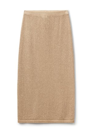 Beige gestrickter Bleistiftrock mit strukturiertem Muster, elastischem Taillenbund und gerader Silhouette, mit einem sauberen Saum am unteren Ende.