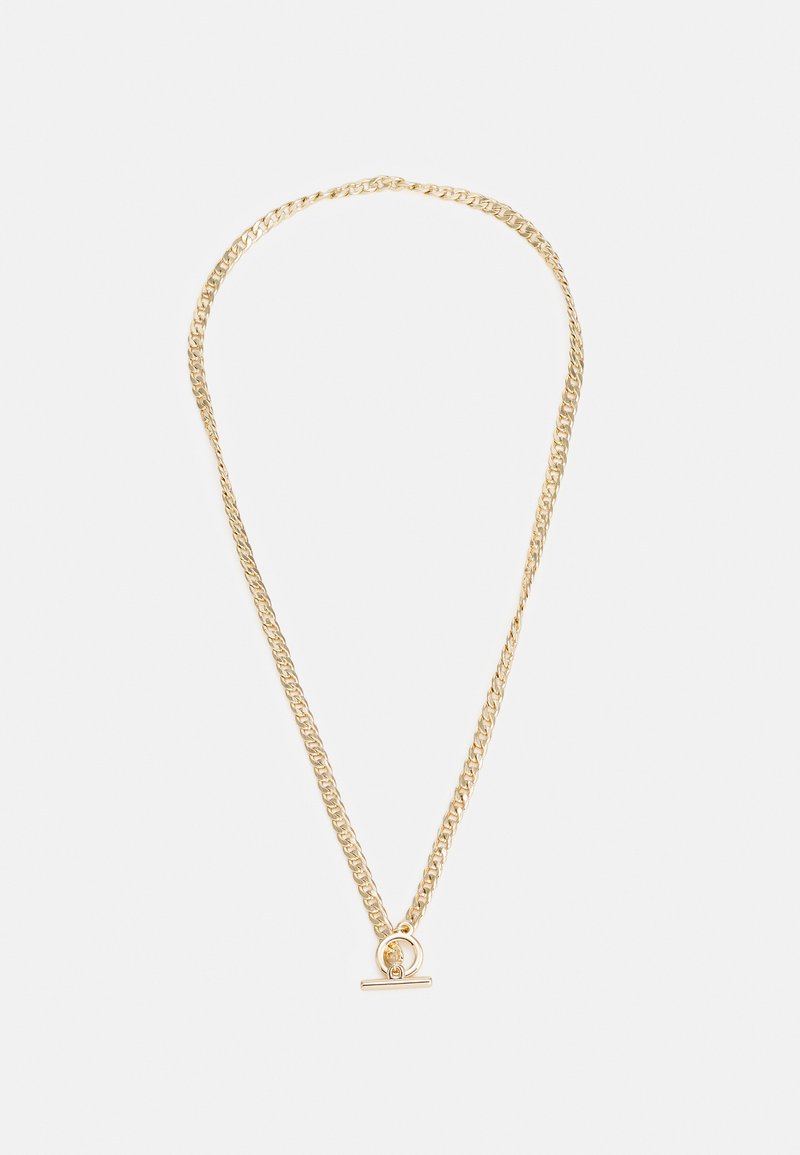Colar de corrente de ouro com um design de elos texturizados, apresentando um fecho redondo. A corrente é lisa e brilhante, emitindo um acabamento refletor.