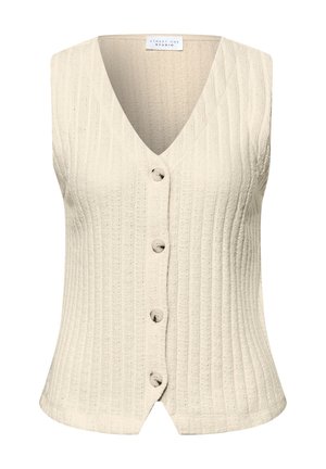 Gilet senza maniche beige in maglia con costine verticali, scollo a V e quattro bottoni rotondi sul davanti di Street One Studio.