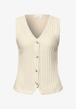 Bezruký béžový pletený vestička s vertikálním žebrováním, výstřihem do V a čtyřmi kulatými knoflíky vpředu od Street One Studio.