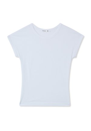 T-shirt bianco a maniche corte realizzato in morbido cotone con una vestibilità rilassata, presenta un colletto rotondo e spalle senza cuciture. Design semplice.