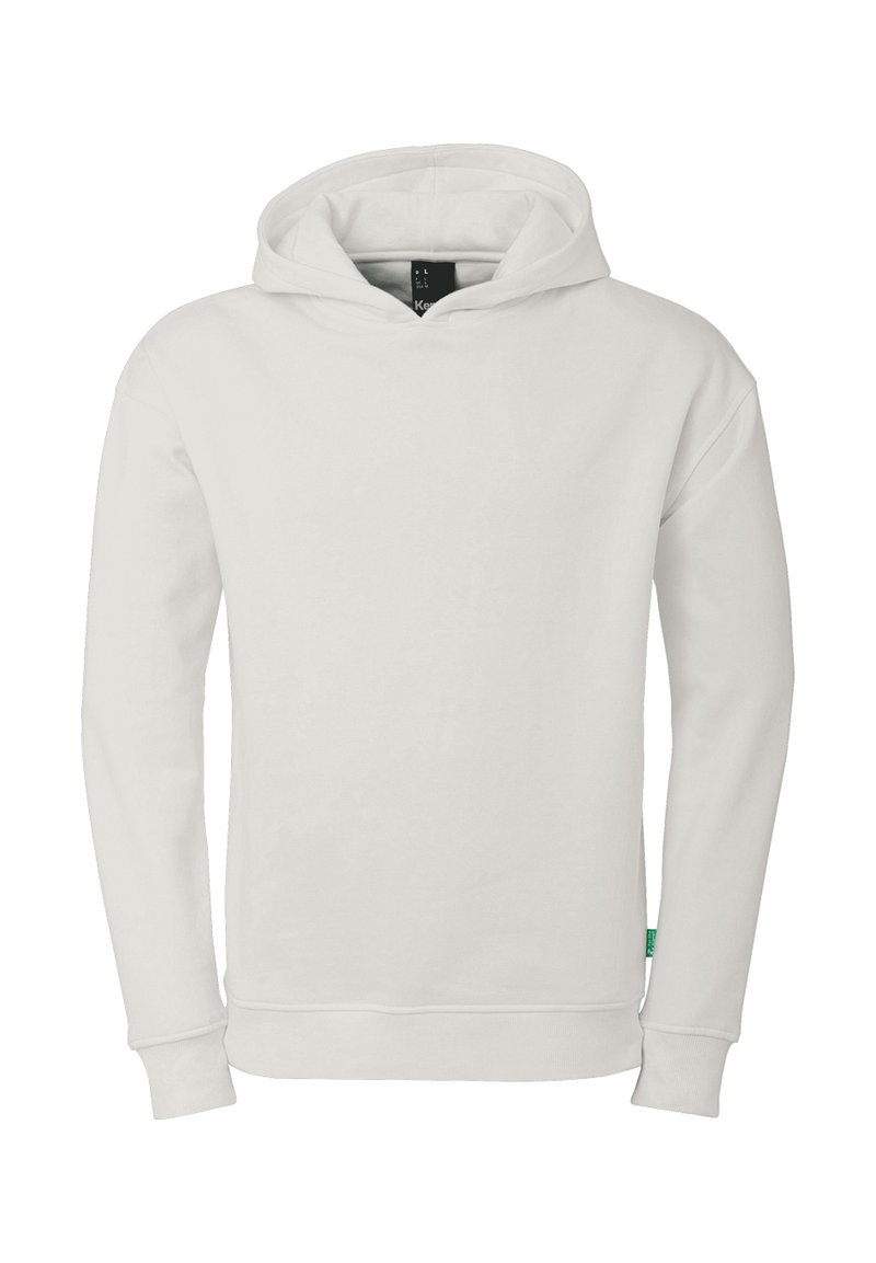 Sweatshirt blanc en tissu doux avec une poche kangourou, des poignets et un ourlet côtelés, muni d'une capuche à cordon de serrage et d'une petite étiquette verte.