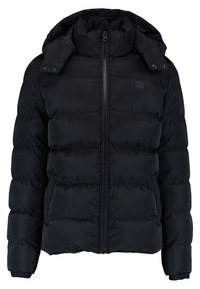 Giacca a vento nera imbottita con colletto alto, chiusura con zip davanti e cappuccio con bottoni a pressione. Presenta una texture trapuntata e polsini elastici per garantire calore.