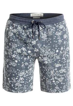 Marineblauwe Quiksilver-short met witte botanische en zonillustraties, elastische tailleband en marineblauwe koordsluiting aan de voorkant.