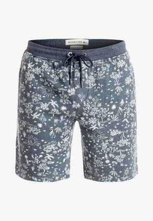 Shorts Quiksilver bleu marine avec illustrations botaniques et soleil blanches, taille élastique et cordon de serrage bleu marine à l'avant.