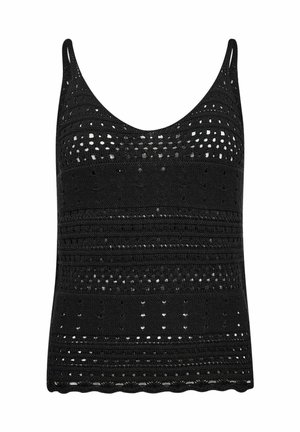 Zwarte gehaakte tanktop met een ronde hals, geperforeerd patroon, textuurbanden en een gegolfde zoom. Inclusief verstelbare schouderbanden.