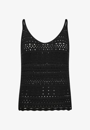 Černý háčkovaný top na ramínka s kulatým výstřihem, perforovaným vzorem, texturovanými pruhy a vlnitým lemem. Součástí jsou nastavitelné ramínka.