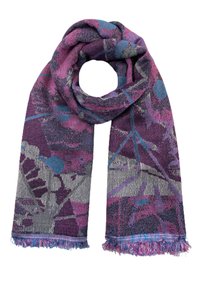 Écharpe tissée en violet, ornée de motifs floraux abstraits en bleu et gris. Ourlet garni de franges multicolores. Tissu doux et texturé.