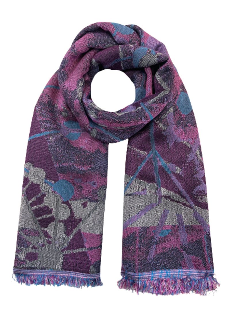 Écharpe tissée en violet, ornée de motifs floraux abstraits en bleu et gris. Ourlet garni de franges multicolores. Tissu doux et texturé.