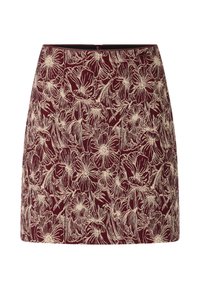 A burgundy skirt featuring a floral embroidery pattern in cream, with a fitted design and a concealed zipper at the back.