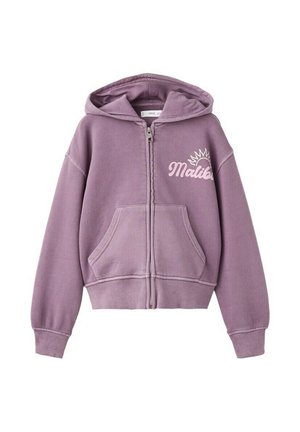 Sweat à capuche lilas zippé avec poches avant, inscription « Malibu » et motif soleil sur la poitrine, poignets et bas côtelés, et capuche attachée.