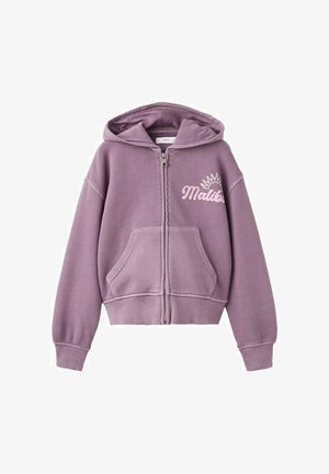 Sweat à capuche lilas zippé avec poches avant, inscription « Malibu » et motif soleil sur la poitrine, poignets et bas côtelés, et capuche attachée.