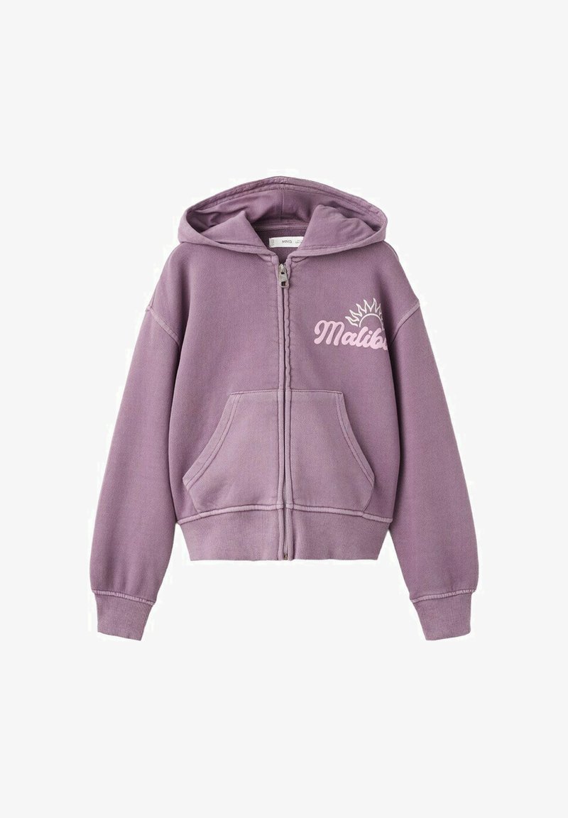 Lila mikina na zips s prednými vreckami, textom "Malibu" a slnečnou grafikou na hrudi, rebrovanými manžetami a lemom a pripevnenou kapucňou.