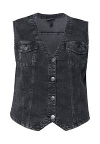 Czarna kamizelka z denimu z dekoltem w serek, bez rękawów, z podwójnymi kieszeniami na piersi i srebrnymi zatrzaskami z przodu, o wyblakłej fakturze.